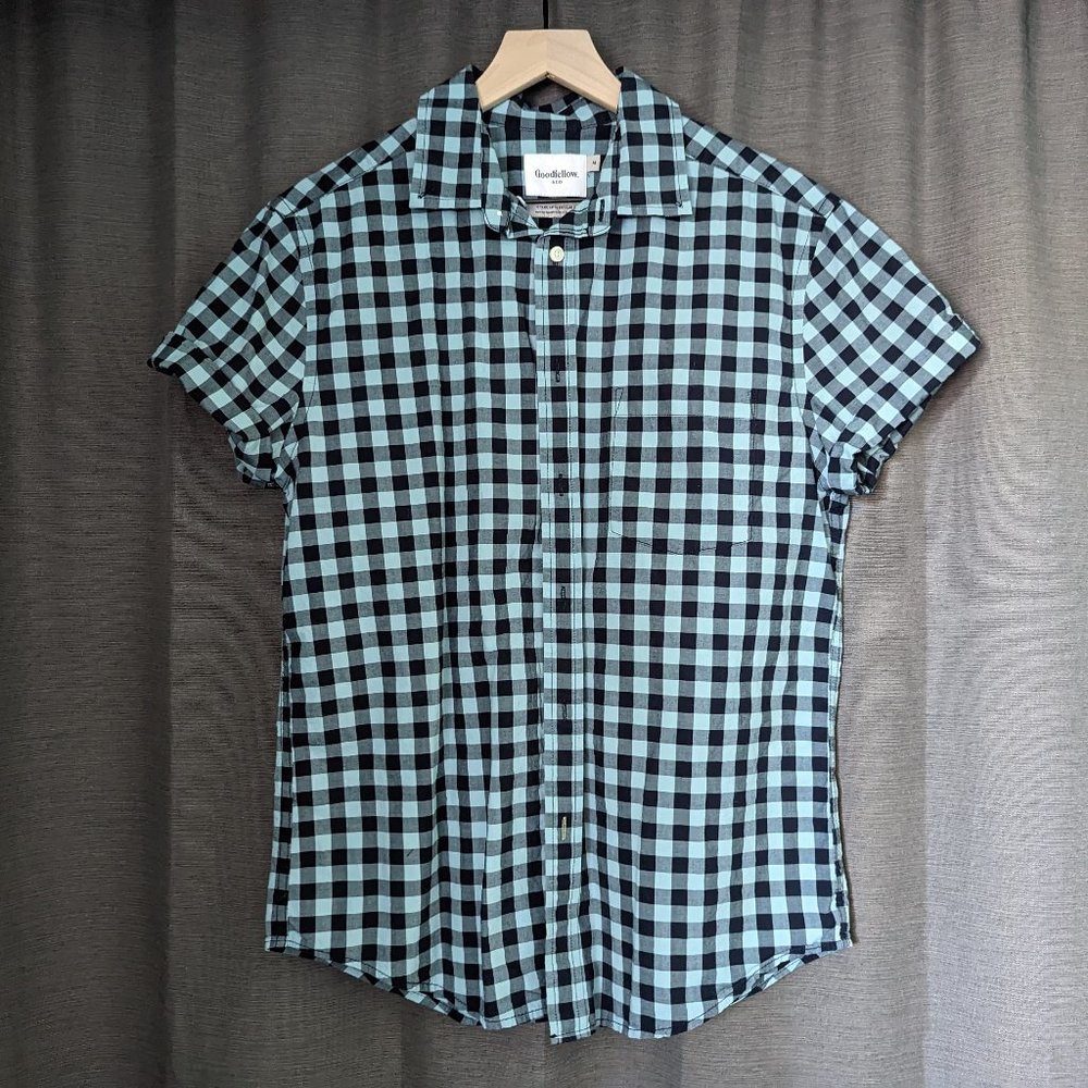 Goodfellow & Co Size M Turquoise Gingham/Plaid Cotton Standard Fit Button-up